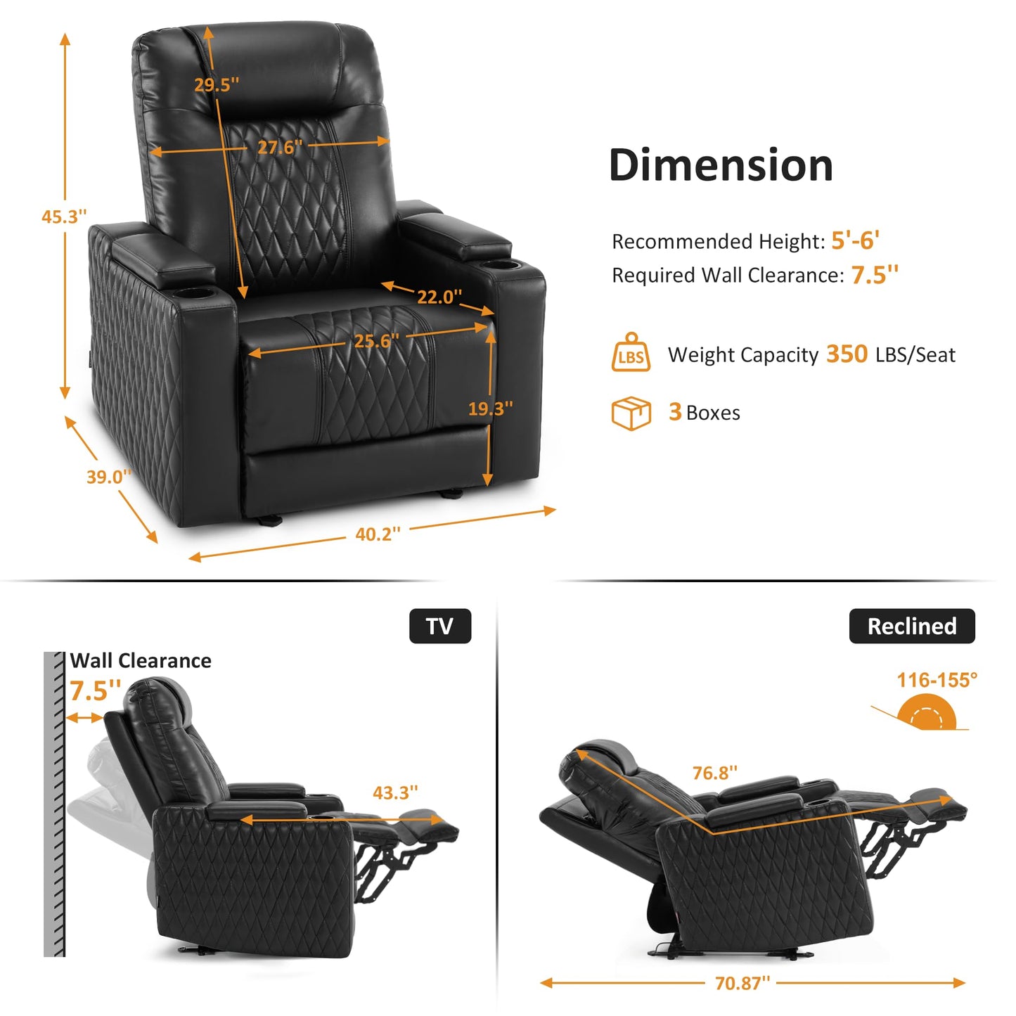 MCombo Oversized Power Recliner Chair for Adults with Power Headrest & LED Light, Faux Leather Recliner Chair for Living Room & Home Theater, USB Port, Armrest Storage HTS401 (Faux Leather, Black)