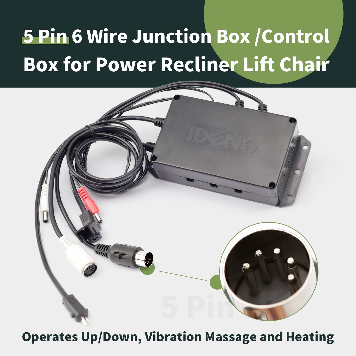 ALLCSM Fit for IDENO 6 Wire Junction Box/Control Box for Power Recliner Lift Chair Operates Up/Down Vibration Massage and Heating (5 Pin 6 Wire)
