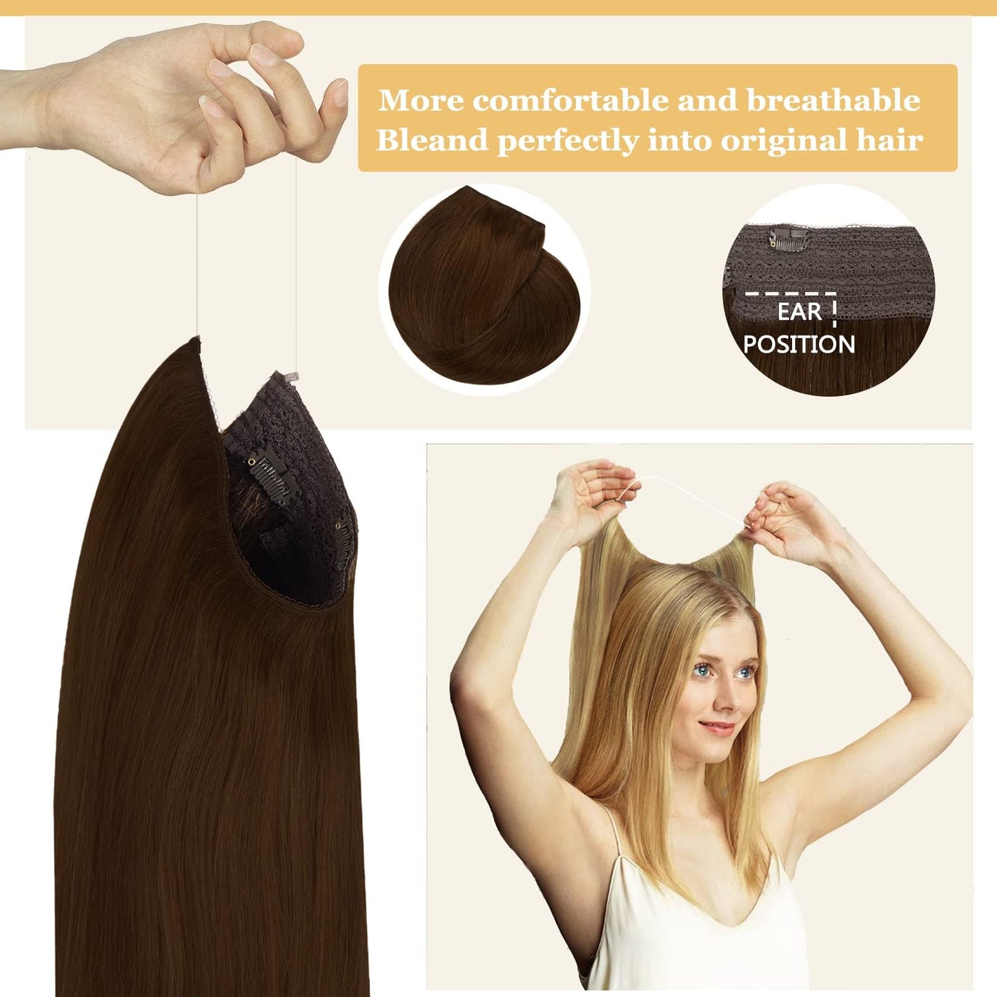 Anrosa Fish Line Hair Extensions Real Human Hair Chocolate Brown Color 4 Hidden Wire Hair Extensions Headband Adjustable Size Removable Secure Secret Extensions Human Hair 14 Inch 75g