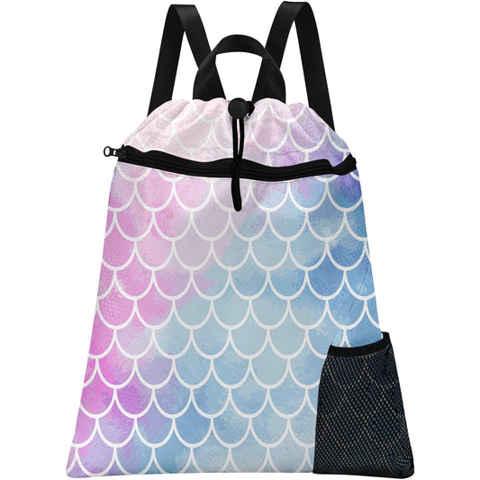Britown Mermaid Gym Drawstring Backpack Waterproof Underwater Sea Pink Blue Girl Swimming Beach Sackpack, Sports Yoga Dance Travel String Bag Gift Bags with Water Bottle Pocket