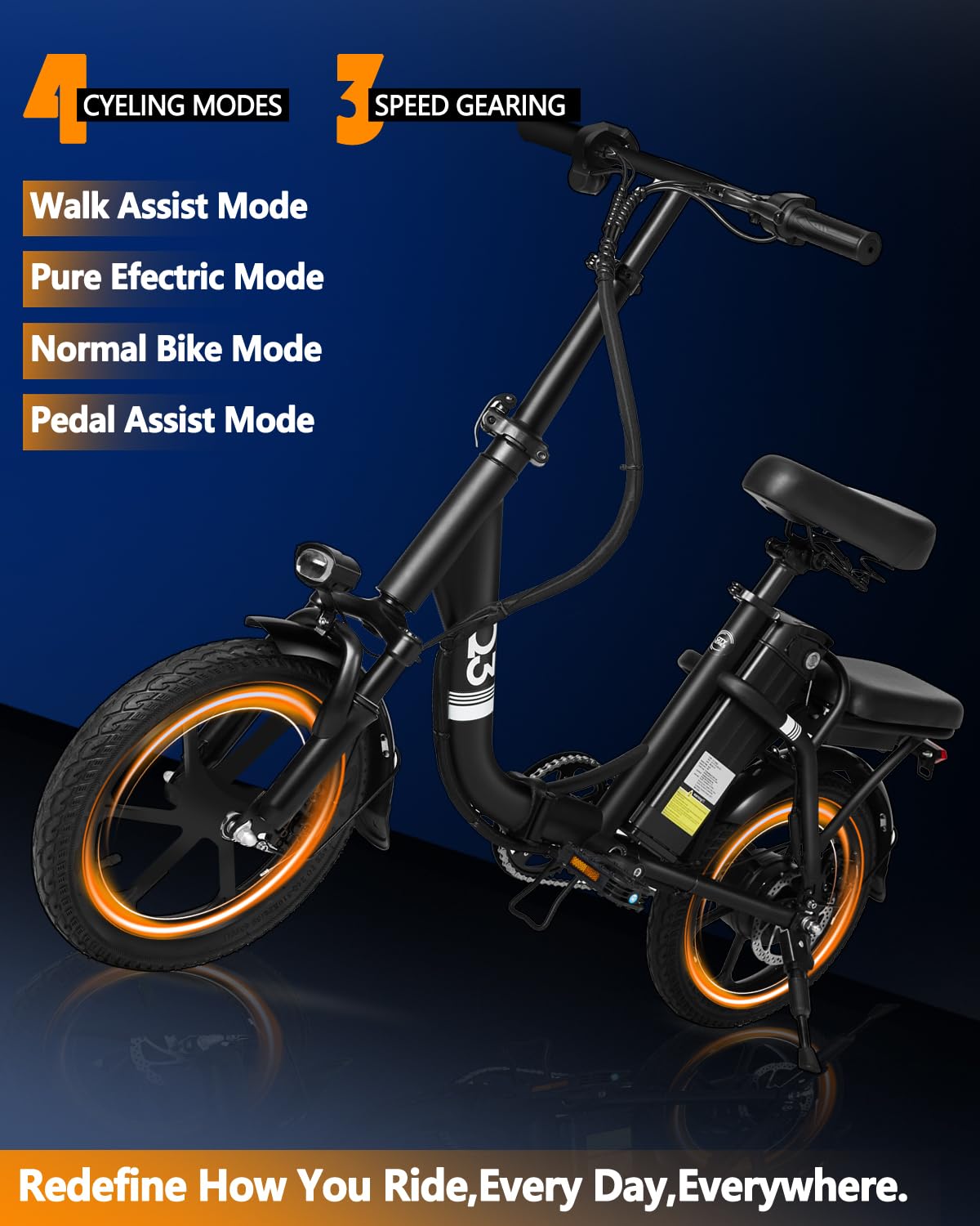 Electric Bike for Adults, 14" Folding 500W Motor Ebike with 48V 12AH Removable Battery, 20+ Miles Max Range, 20MPH Max Speed, City Commuter Bicycle
