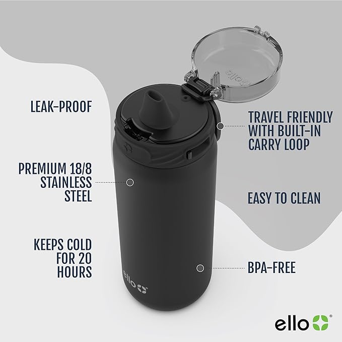 Ello Cooper 18oz Kids Stainless Steel Water Bottle Vacuum Insulated with Straw and Carry Handle, Leak Proof Locking Lid with Soft Silicone Spout, Fits Car Cupholder, Dishwasher Safe, Bonfire