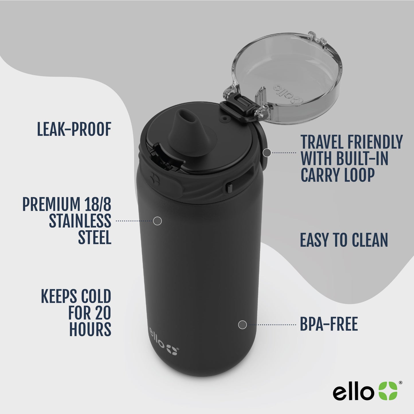 Ello Cooper 18oz Kids Stainless Steel Water Bottle Vacuum Insulated with Straw and Carry Handle, Leak Proof Locking Lid with Soft Silicone Spout, Fits Car Cupholder, Dishwasher Safe, Winter Solstice