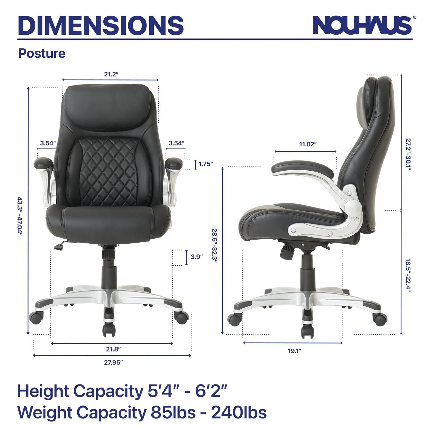Nouhaus +Posture Ergonomic PU Leather Office Chair. Click5 Lumbar Support with FlipAdjust Armrests. Modern Executive Chair and Computer Desk Chair (Black)