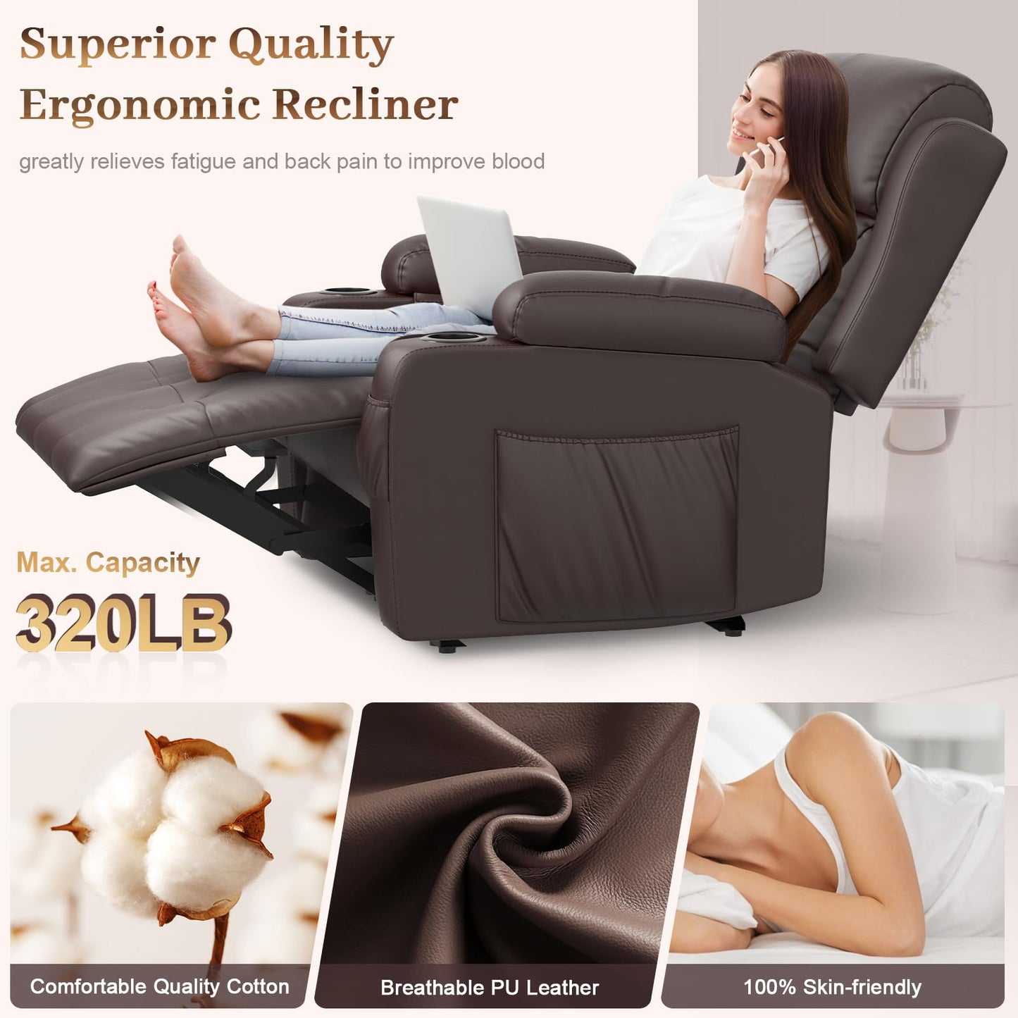 Aotolo Extra Wide Seat Recliner Chair with Heat and Back Massage, Electric Power Oversized Reclining Chair Infinite Position with Storage Armrests & 2 Cup Holders for Living Room, Manual Recliners