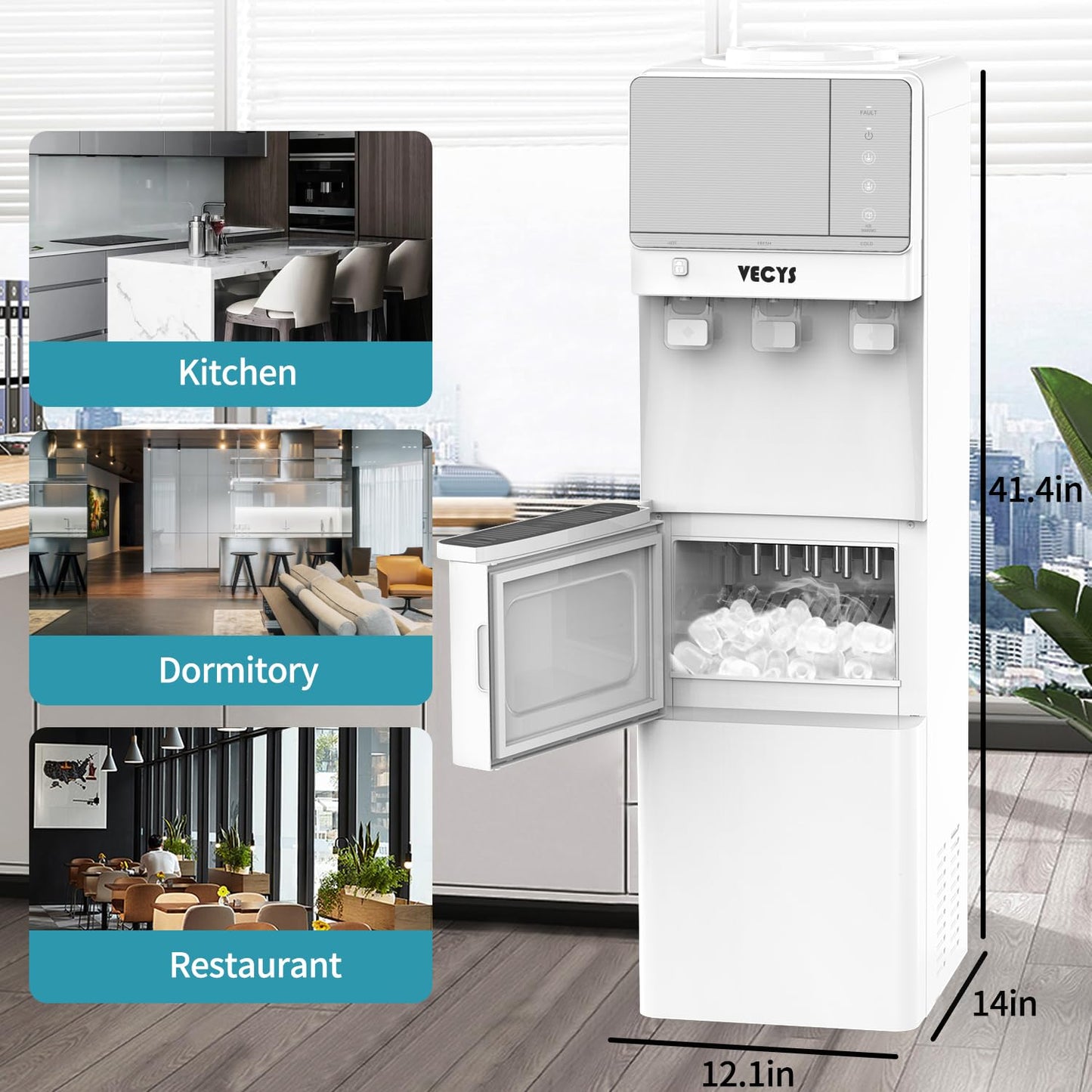 VECYS Hot and Cold Water Dispenser with Ice Maker, 27LBS Daily Ice Making, Child Safety Lock and Compatible with 3 or 5 Gallon Bottles, Ideal for Home and Office, White