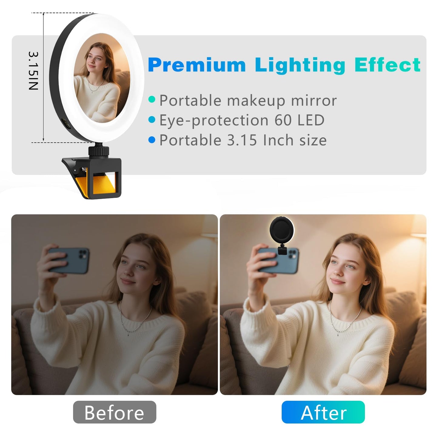 Andalusite 60 LED Video Conference Ring Light – Rechargeable Clip Design, 3 Adjustable Light Modes - Universal for Phones/Laptops, 3000K-5000K Color Range, 2H Battery, Streaming/Makeup/Office Use