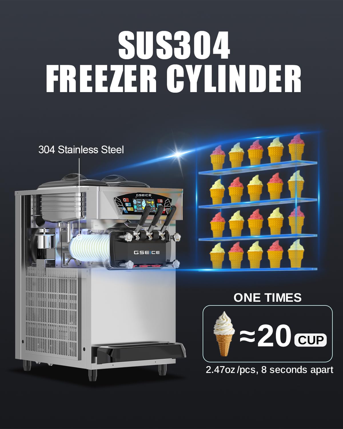 GSEICE Commercial Ice Cream Machine, 5.8–7.4 Gal/H, 2+1 Flavors Soft Serve Ice Cream Maker, 2 x 8L Hoppers Pre-Cooling LCD Display for Restaurant Countertop Snack,Ultra-Slim Silver