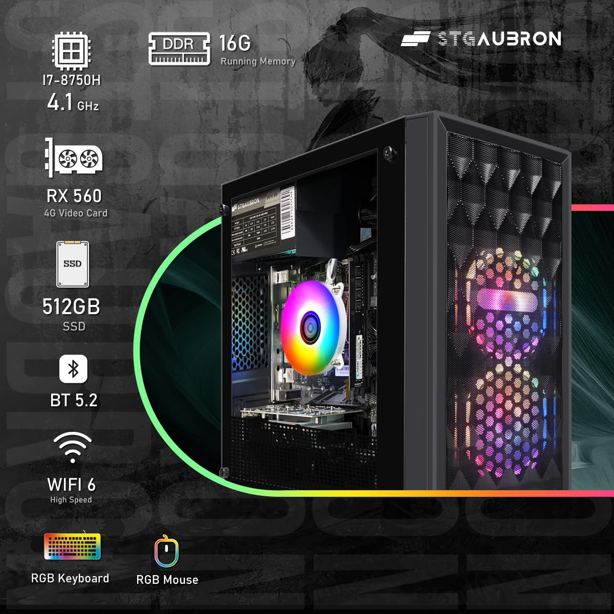 STGAubron Gaming PC Computer Desktop, Radeon RX 560 4G, Intel Core I7 8th up to 4.1GHz, 16G DDR4, 512G SSD, WiFi 6 & BT 5.2, RGB Fan x2, Windows 11 Home