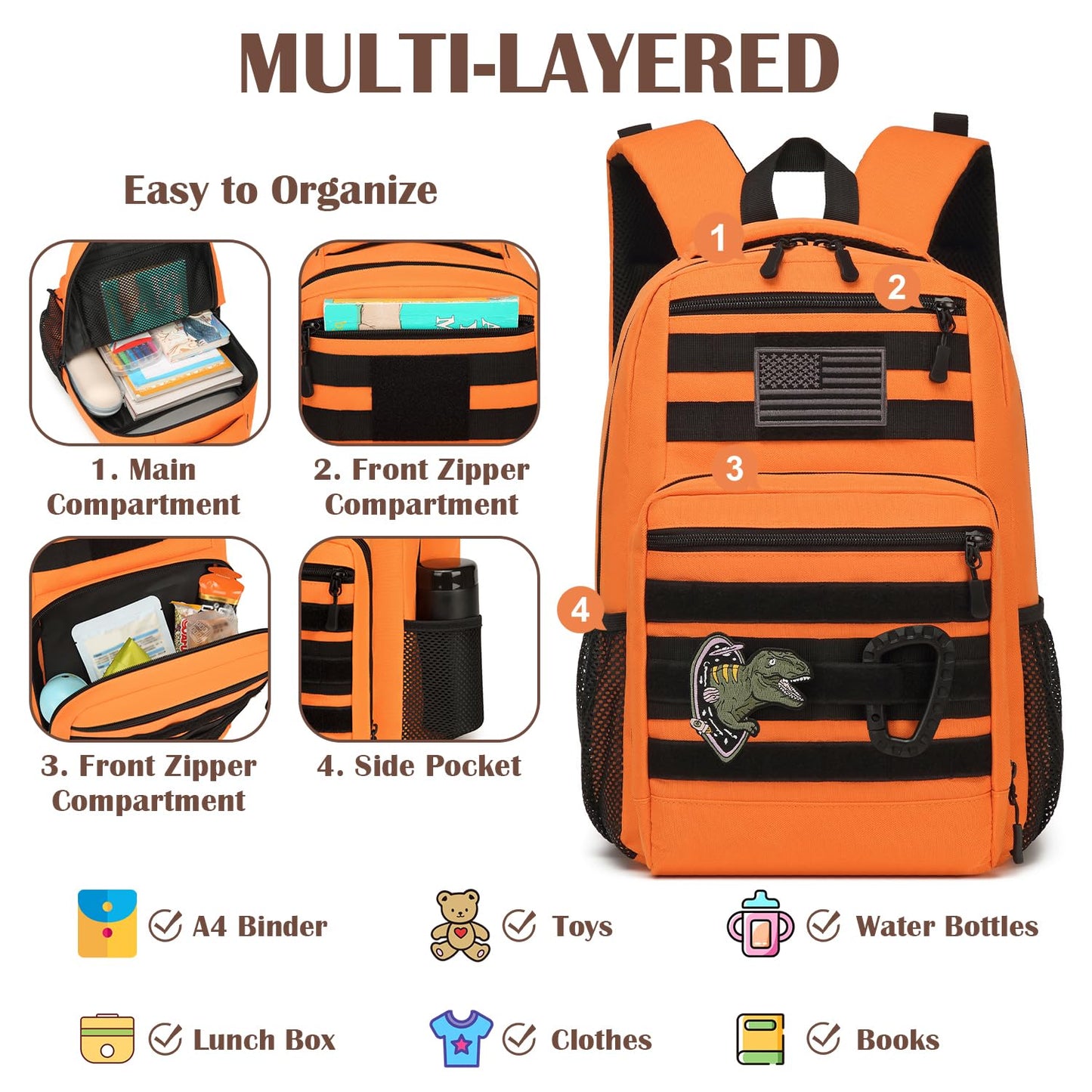 Kids Tactical Backpack Army Molle Bookbag Military Boys Backpack for School, Outdoor, Camping, Orange