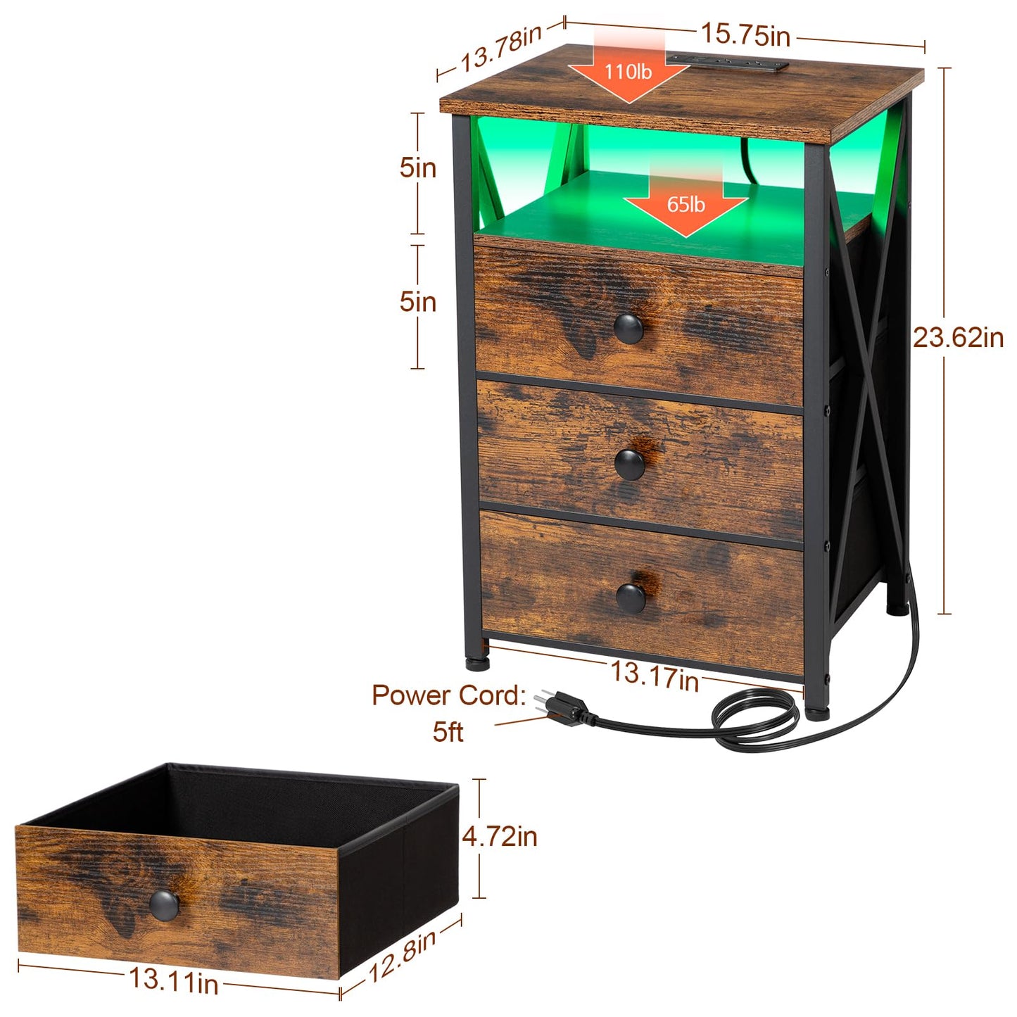 AMHANCIBLE Night Stand Set 2, LED Nightstand with Charging Station, End Side Tables with USB Port & Outlet, Bedside Tables with Fabric Drawers for Bedroom Living Room, Rustic Brown HET053LBR