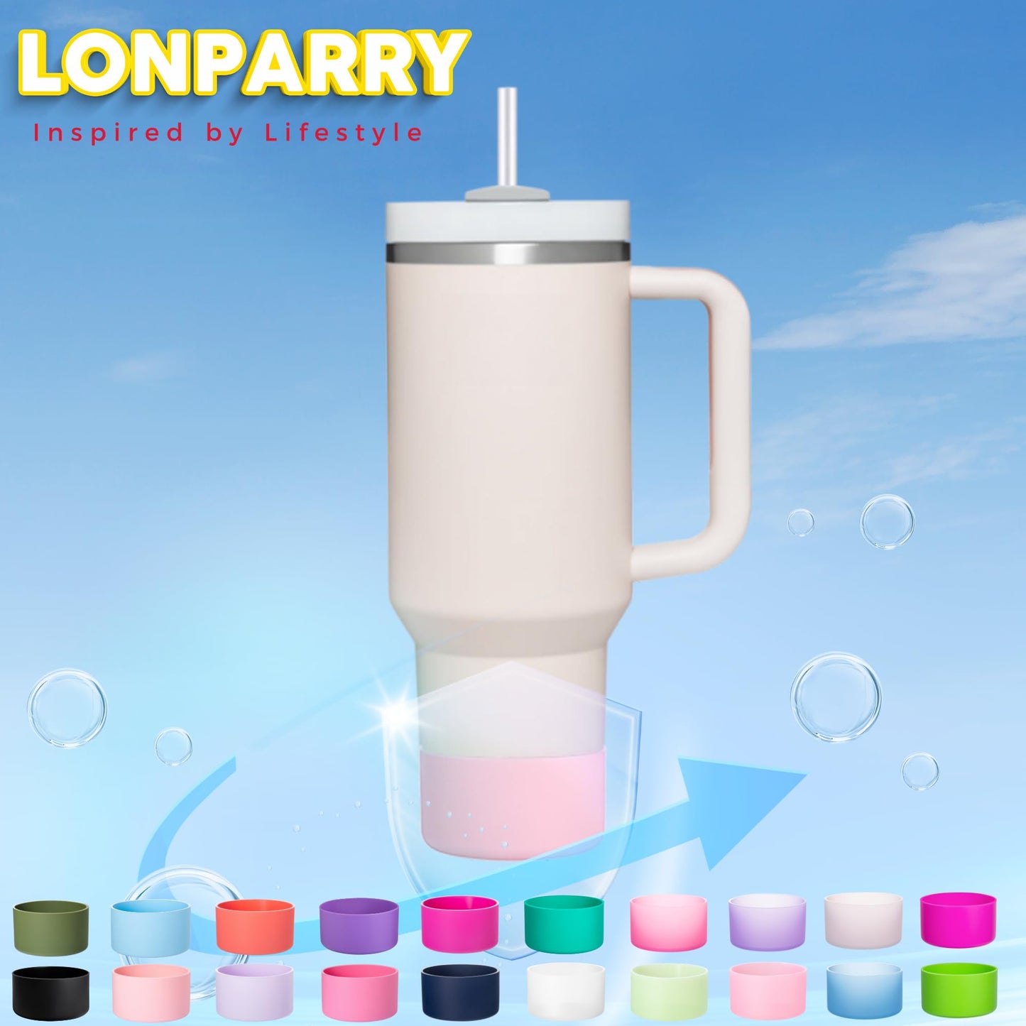 LONPARRY 4-Pack Silicone Boot for Stanley Cup Quencher IceFlow Rubber Bottom Sleeve Protector for Stanley Tumbler HydroFlask Owala Car Travel Cup Bottle Bottom (2Clear+2Dark Blue)