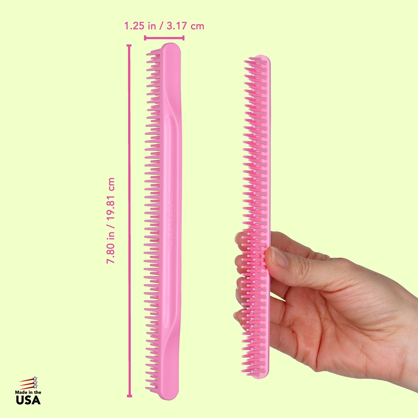 Allegro Combs 3-Row Detangling Comb #70, Light pink - Perfect for Women Curly Hair Stylists, Curl Defining, Made in USA, 1 Piece