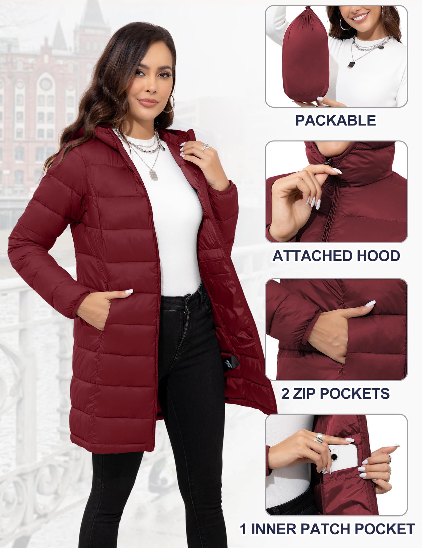ANOTHER CHOICE Women Packable Puffer Jacket Lightweight Hooded Puffy Jacket (Wine Red, S)