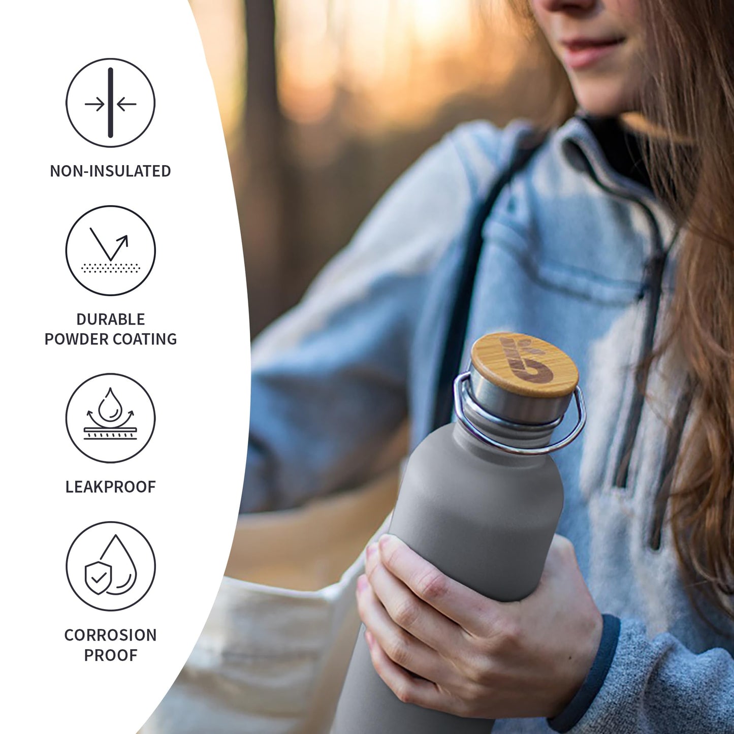 Bambaw 16 oz Water Bottle no Straw, Gray Single Wall Stainless Steel Water Bottle, Non-insulated Reusable Water Bottle BPA Free 16 oz, Small Water Bottle with Handle – Stormy Gray