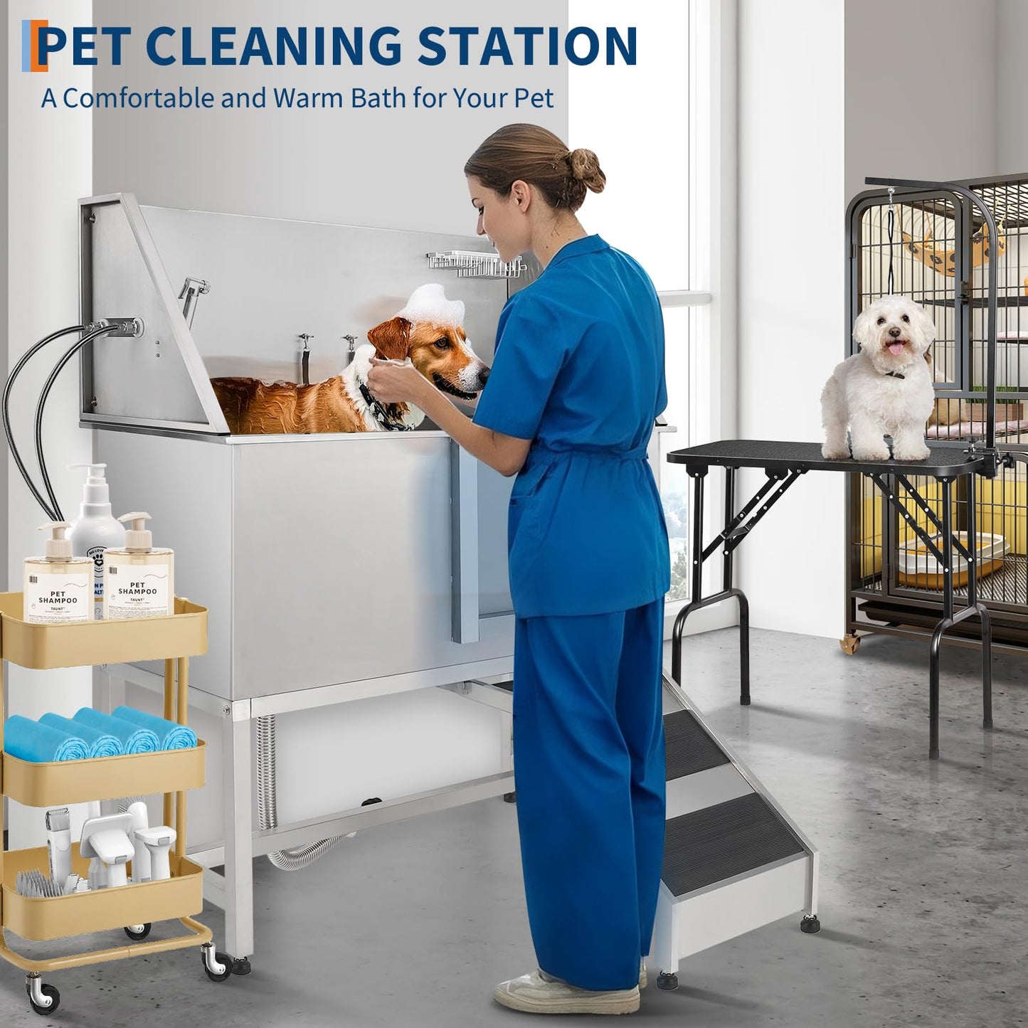 OutdoorVibe 50 Inch Pet Grooming Tub with Ramp, Stainless Steel Washing Station, Dog Tub Faucet & Showerhead & Soap Holder Leash Dog Bathtub for Large & Medium & Small Pets (Left Door)