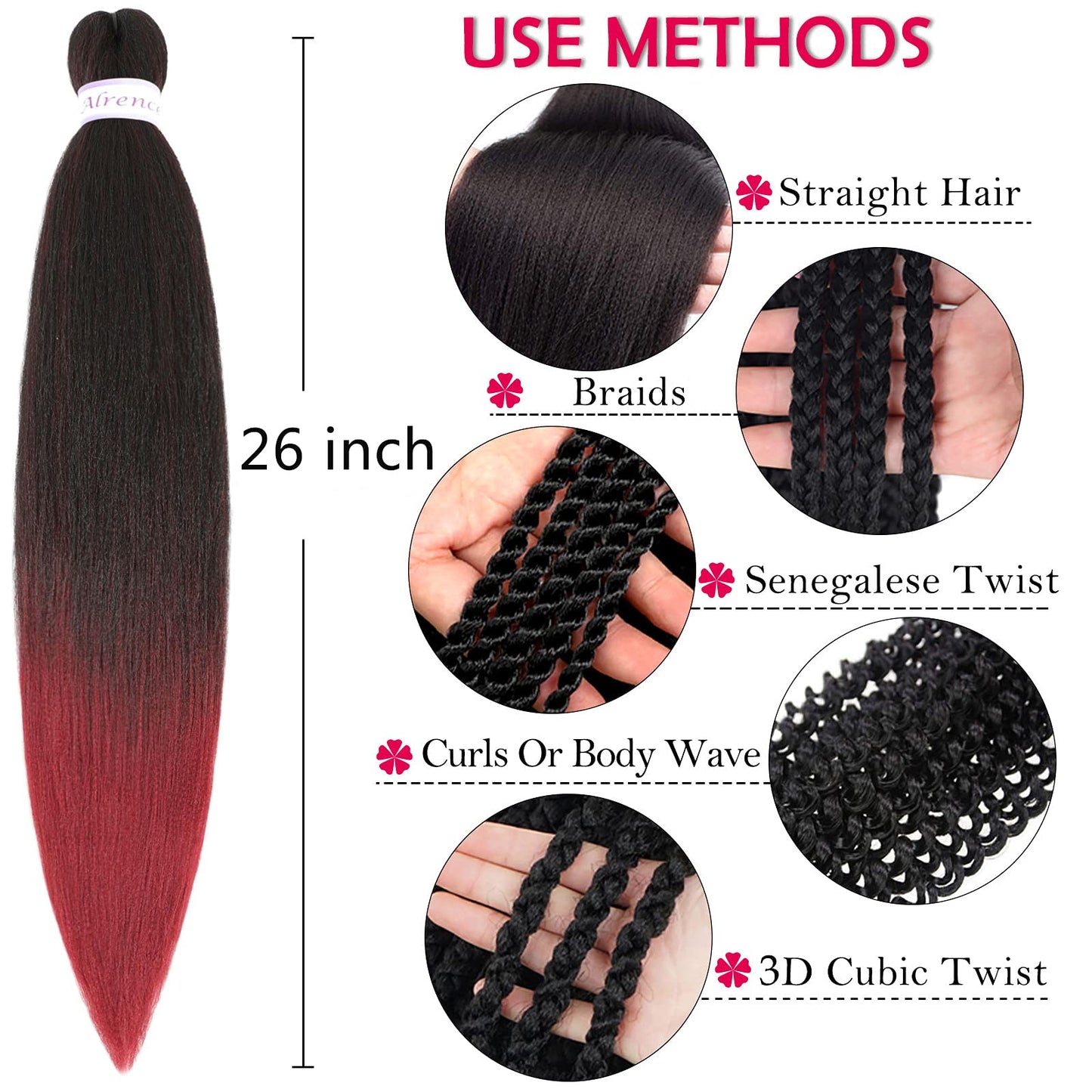 Alrence Pre Stretched Braiding Hair Long Braid 26 Inch 8 Packs Professional Braiding Hair Extensions Synthetic Crochet Twist Braids (26 Inch, T1B/Bug)
