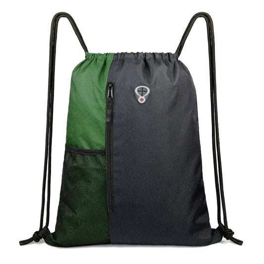 BeeGreen Green Drawstring Bag Sports Gym Backpack for Women Men Large Cinch Sackpack Day Pack with Zipper and Water Bottle Mesh Pockets (Black/Green)