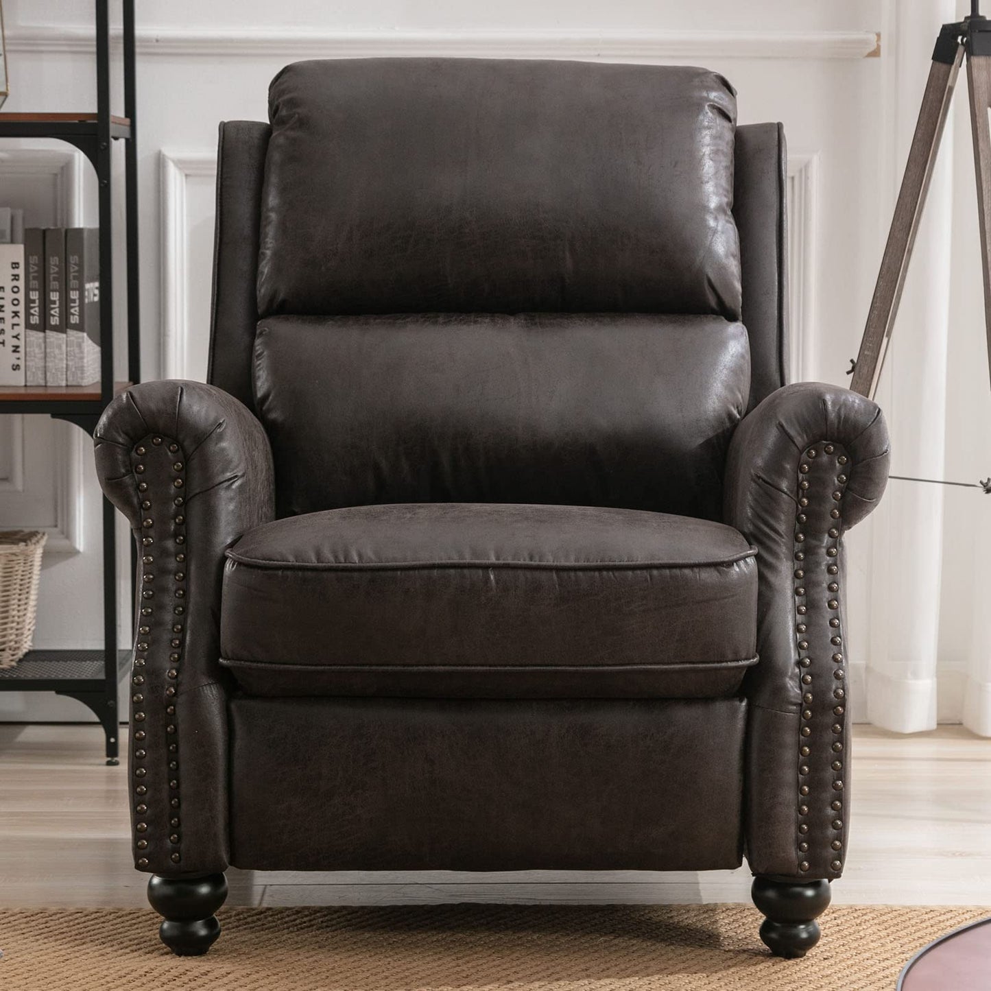 CANMOV Pushback Recliner Chair Faux Leather Armchair Push Back Recliner with Rivet Decoration Single Sofa Accent Chair for Living Room, Dark Grey