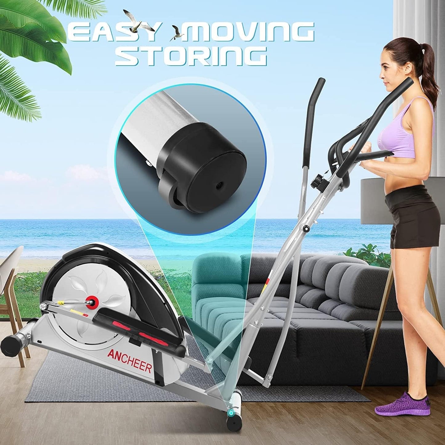 ANCHEER Elliptical Exercise Machine, Elliptical Machines for Home Gym with Pulse Rate Grip and LCD Monitor, 8 Resistance Levels Smooth Quiet Driven for Home Office, Max 350Lbs