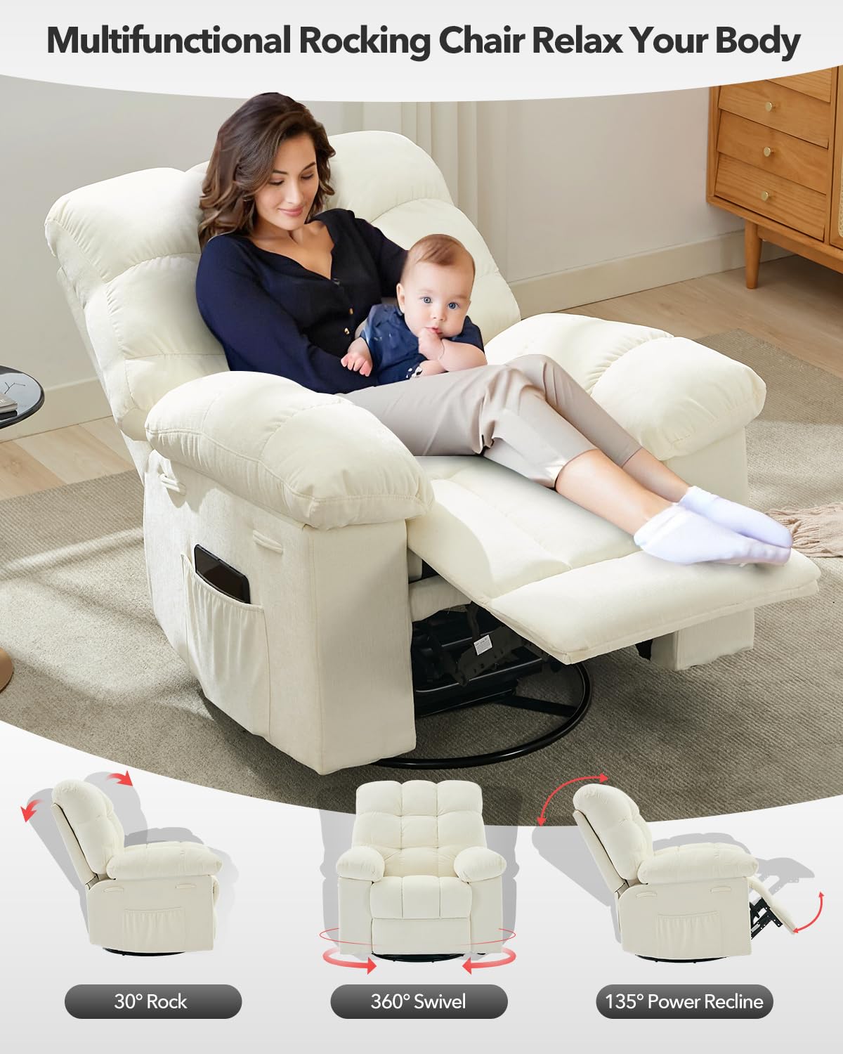 SLEKVERSA Rocking Recliner Chair, 360° Swivel & 30° Rocking, Upholstered Fabric Nursery Chair with Side Pockets, Q235 Steel Frame for Small Spaces & Versatile Use