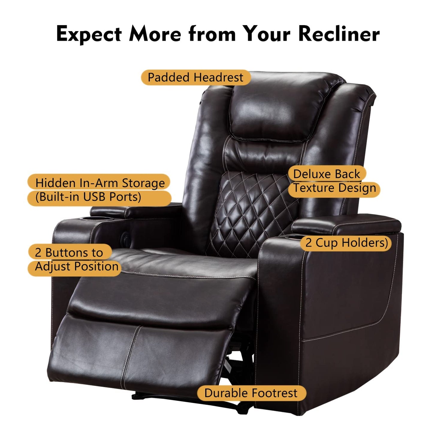 CANMOV Electric Power Recliner Chair with USB Ports and Cup Holders, Breathable Leather Home Theater Seating with Hidden Arm Storage (Brown)
