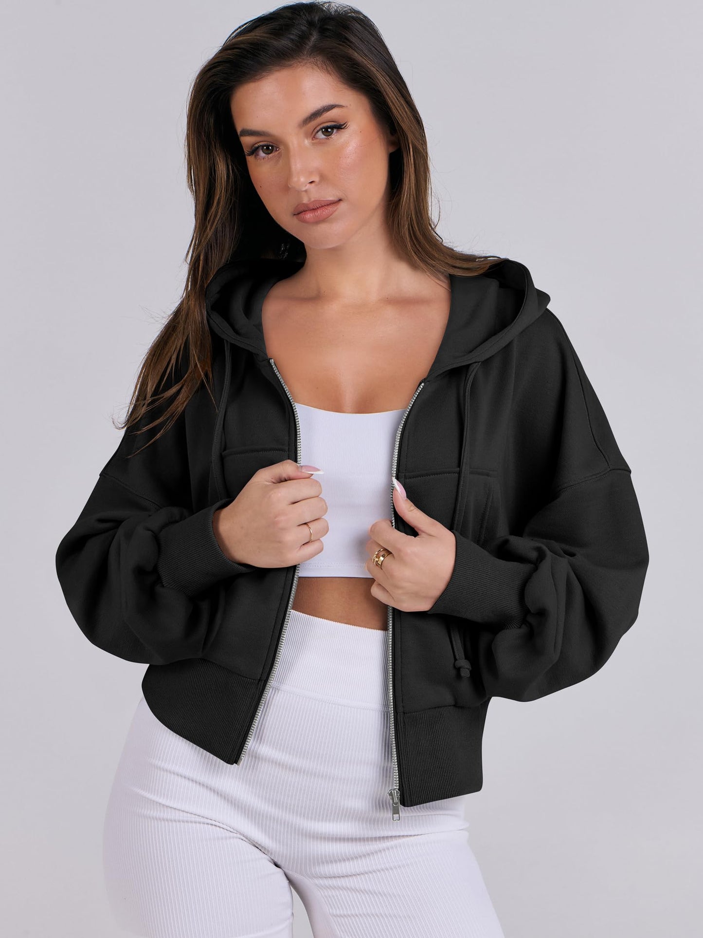 ANRABESS Women's Zip Up Hoodies Cropped Sweatshirts Full Zip Jackets 2024 Casual Fashion Fall Outfits Winter Clothes Black Medium