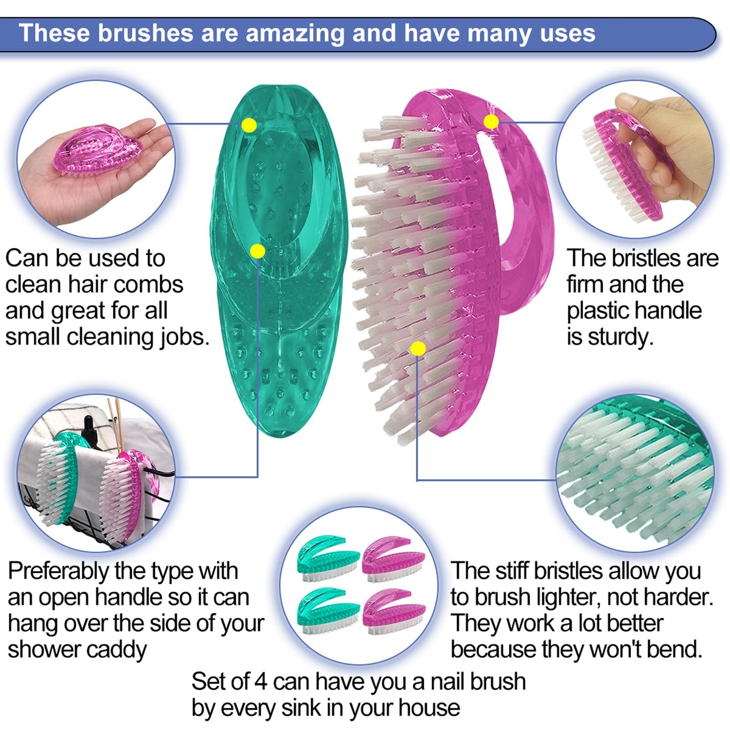 AMERWASH PLUS Handle Grip Nail Brush for Cleaning Fingernails Hands & Under Nails, Stiff Bristle Mechanic Scrub Brush Cleaner for Men Women, Pedicure Scrubbing Tool Kit (3 Pink + 3 Green)