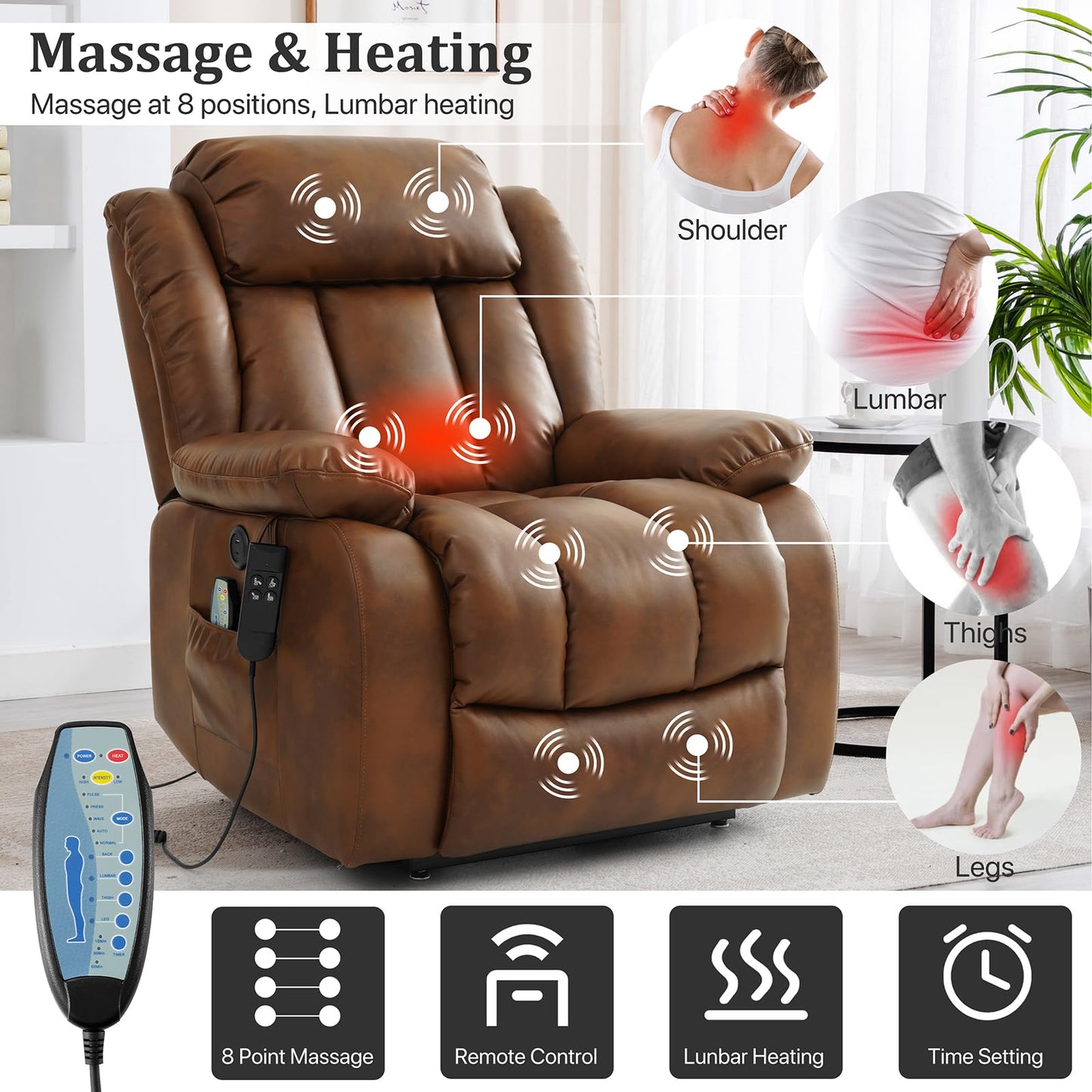 KIMOHOME Dual Motor Large Power Lift Recliner Chair Recliners for Elderly, Infinite Position Recliner Chair with Heat and Massage, Breathable Leather(Ochre)