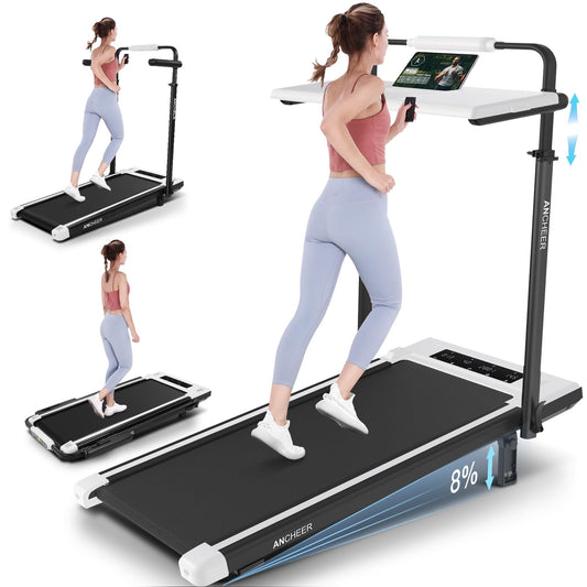 ANCHEER Walking Pad Treadmill with Incline&Adjustable Height,4 in 1 Under Desk Treadmills with Removable Desk Workstation,Foldable Treadmill for Home 300lbs Max,3 Type Control,Installation-Free(White)