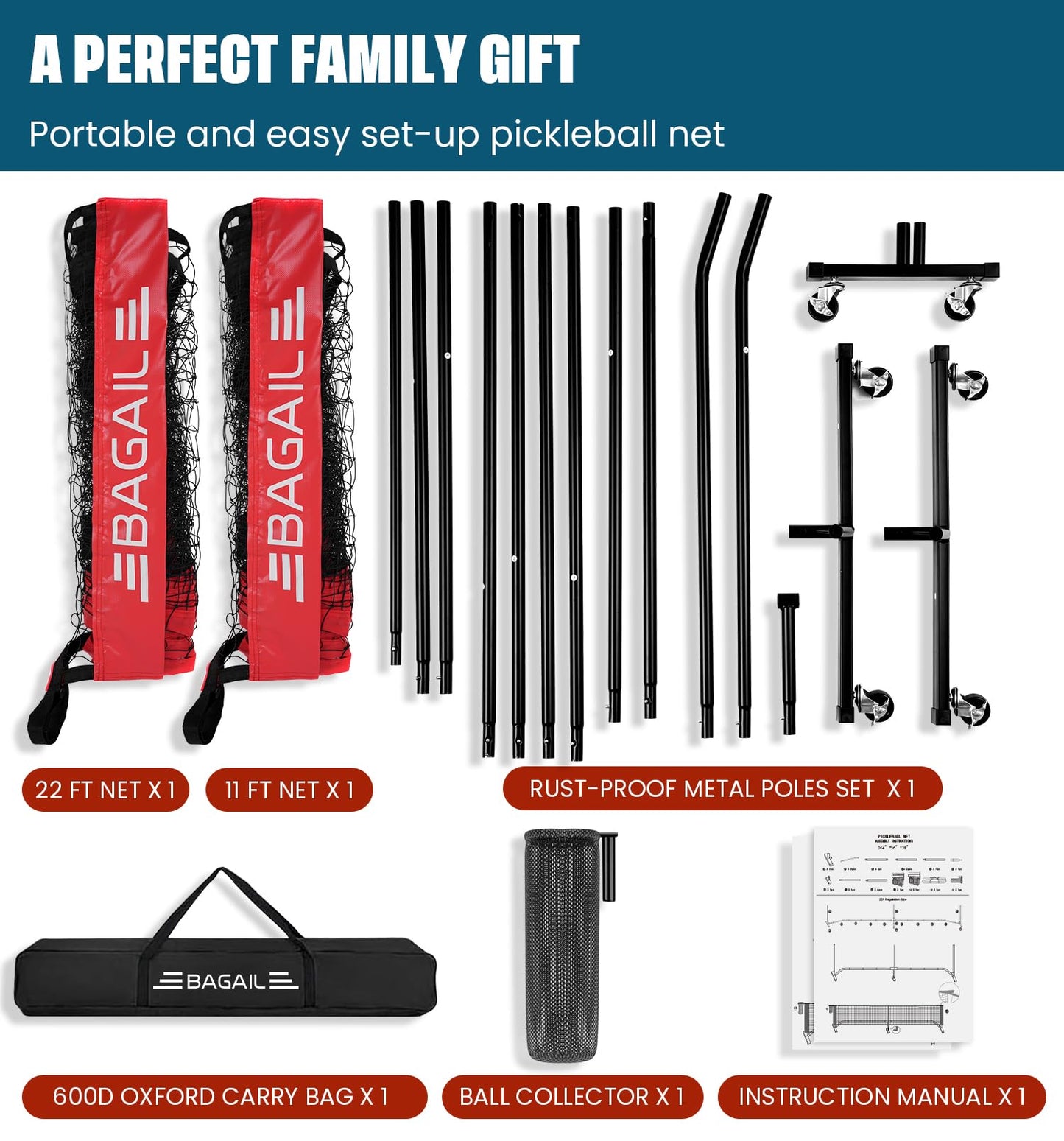 BAGAIL Portable Pickleball Net Set with Wheels, 22 FT Regulation Size & 11 FT Half Court Size 2-in-1 Pickle Ball Net with Ball Collector, Carry Bag, Easy Setup for Outdoor Indoor Driveway - Red