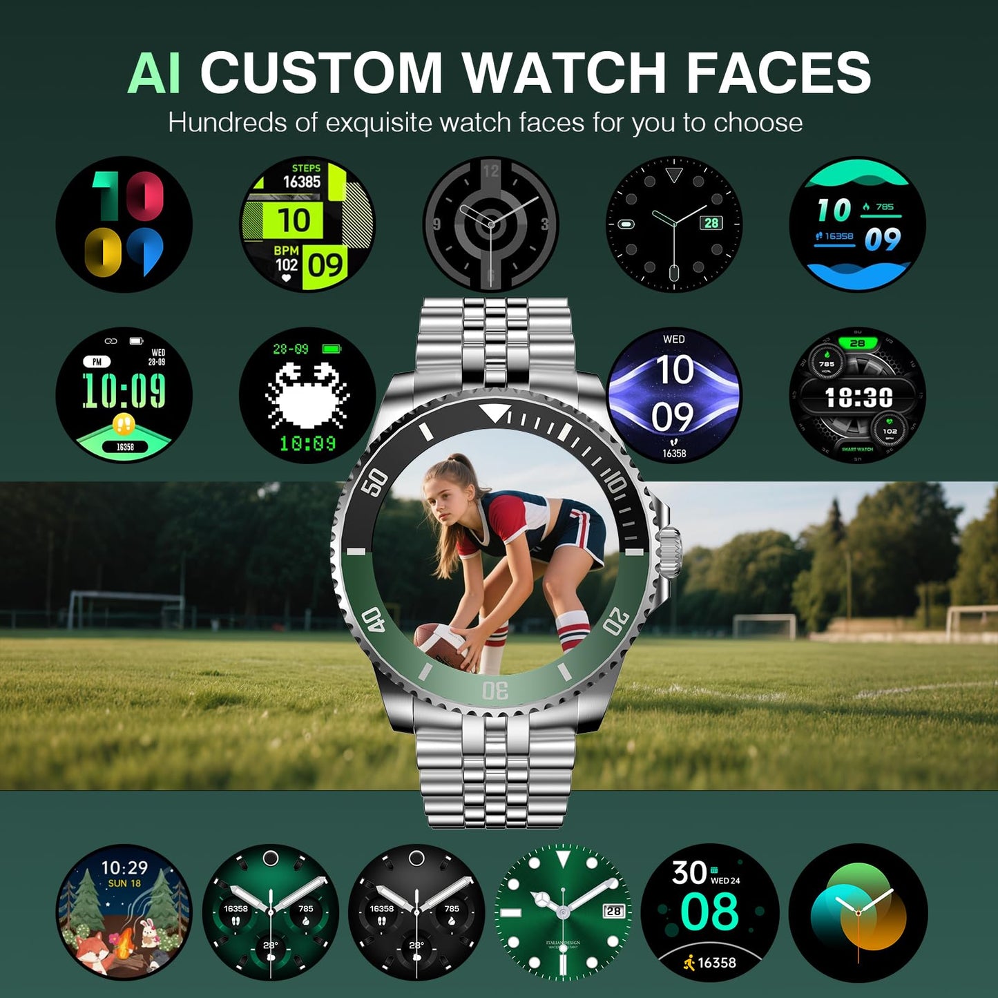AI Smart Watch, DA GPT AI Waterproof Smartwatch, 1.19-inch AMOLED Display, 24/7 Heart Rate, Blood Oxygen, Blood Pressure, Sleep Monitor, 107 Sports Modes, Compatible Android and iOS Silver Green