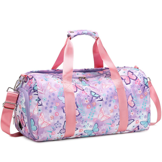 Dance Bag Girls Gymnastics Bag Kids Overnight Duffle Bag with Shoe Compartment, Kids Travel Weekender Sleepover Carry On Bag (Butterfly Purple)