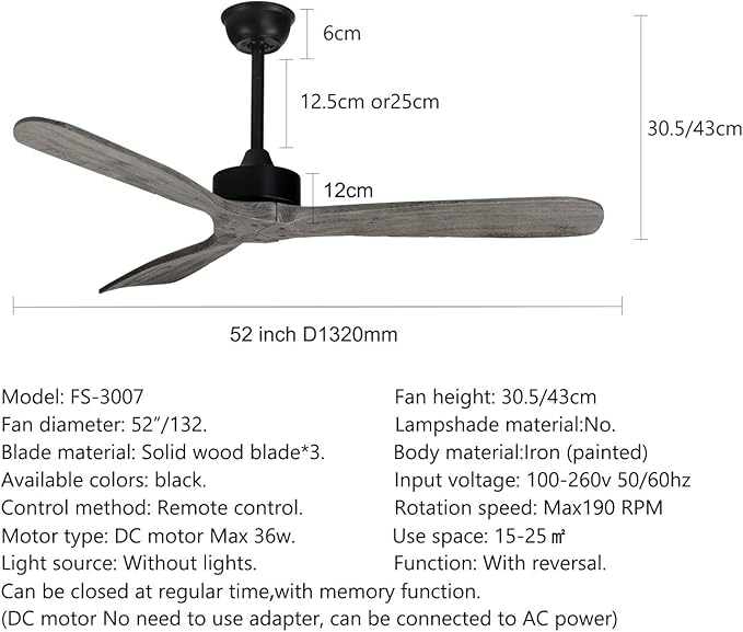 Bigzone 52" Modern Ceiling Fans Without Lights, Energy Saving DC Motor, 3 Solid Wood Blade, Ceiling Fan With Remote Control,Reversible Blades