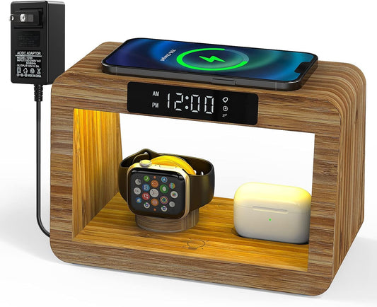 Alltripal Wireless Charging Station with Clock, Desk Lamp 15W Fast Wireless Charger Night Light with 3 Color, Bamboo Wireless Charging Station Dock for iPhone/AirPod/iWatch, Gifts for Women Men