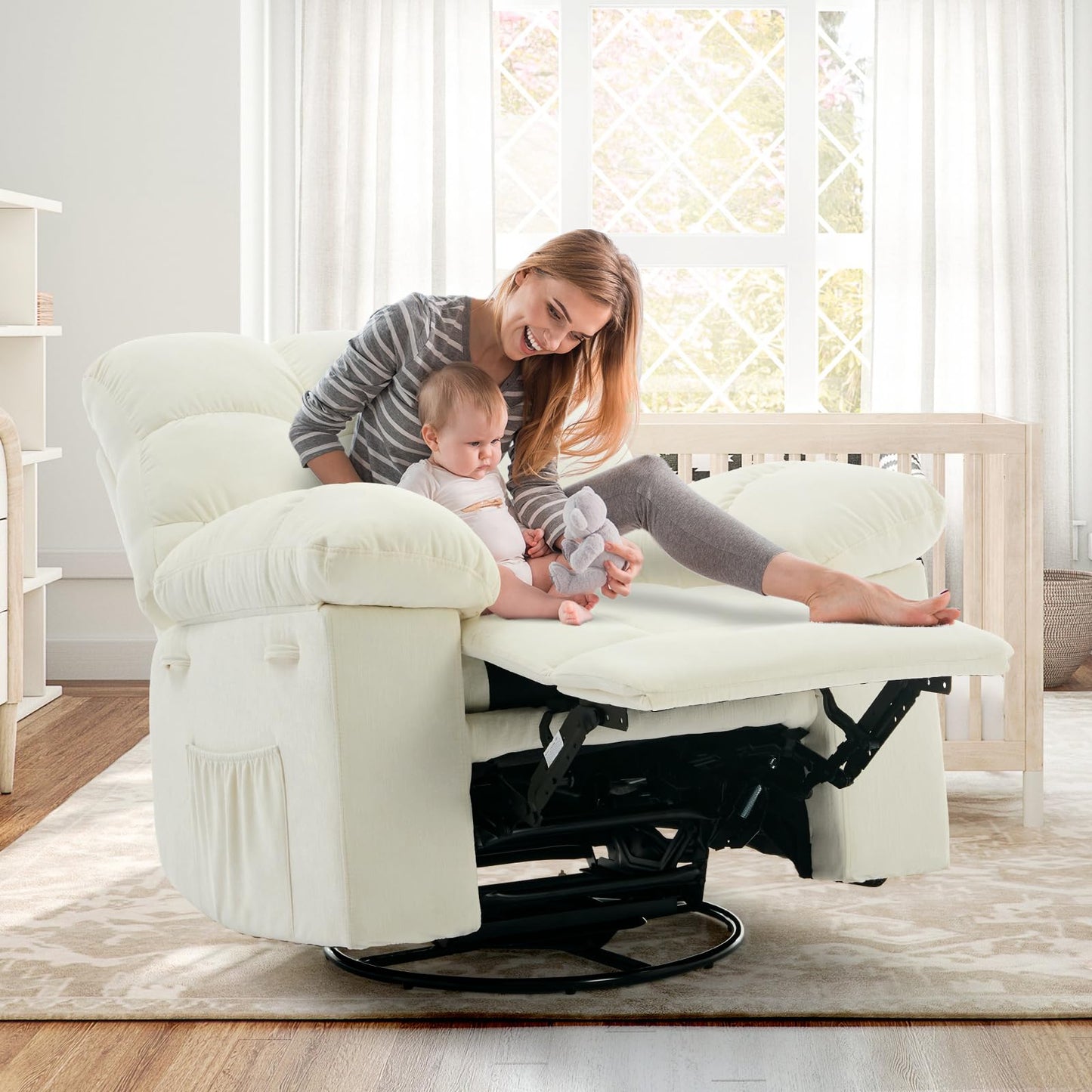 Rocking Recliner Chair,360° Swivel Rocker Chair for Living Room,Upholstered Fabric Glider Nursery Chair with Side Pockets for Small Spaces,Q235 Steel Frame Lazy Boy Recliner Single Sofa(Beige)