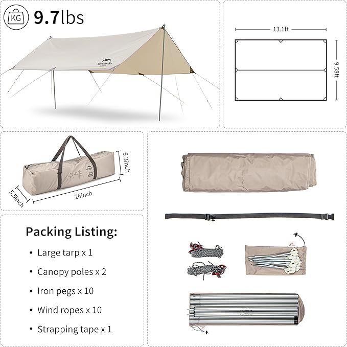 Naturehike Camping Tent Tarp,Camping Awning with Poles,Tent Canopy Rain Fly, Camping Sun Shelter for 8-10 Person Camping, Party, Picnic, Family Camping