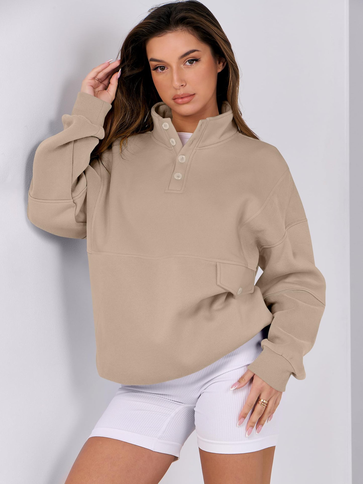 ANRABESS Women Oversized Sweatshirts Long Sleeve Color Block/Solid Button Fleece Pullover Hoodie 2024 Winter Cute 90s Outfit Khaki Medium