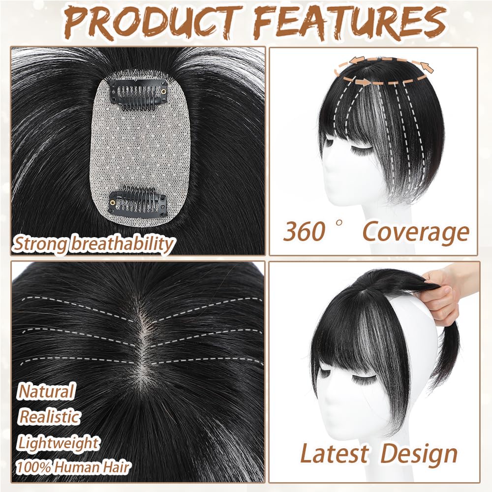 Amchoice Hair Toppers for Women Real Human Hair, Bangs Hair Clip 360° 3D Cover Human Hair Topper with Bangs, Human Hair Toppers for Women Daily (Natural Black, 3D Wispy Bangs (5 * 9))