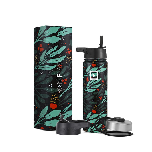 IRON °FLASK Sports Water Bottle - Wide Mouth with 3 Straw Lids - Stainless Steel Gym & Outdoor Bottles for Men, Women & Kids - Double Walled, Insulated Thermos, Metal Canteen - Lush Leaf, 22 Oz
