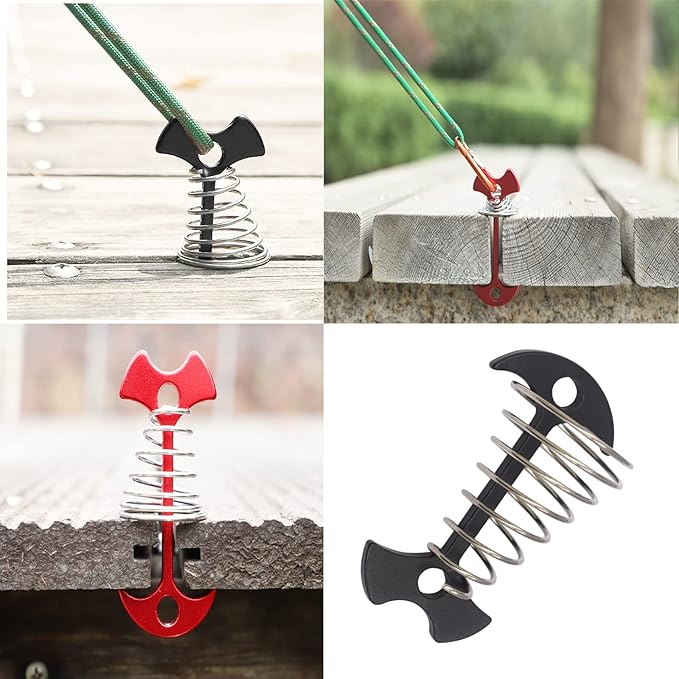 8 pcs Aluminium Alloy 3 inch Fishbone Tent Stakes Deck Anchor Pegs with Spring Rope Buckle Hook Cord Adjuster Tensioner Kit for Camping on Wood Platform Black