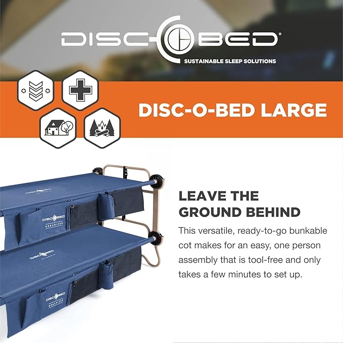 Disc-O-Bed Large Outdoor Convertible 2 Person Bench and Double Camping Cot Portable Bed Bunk System for Adults, Navy
