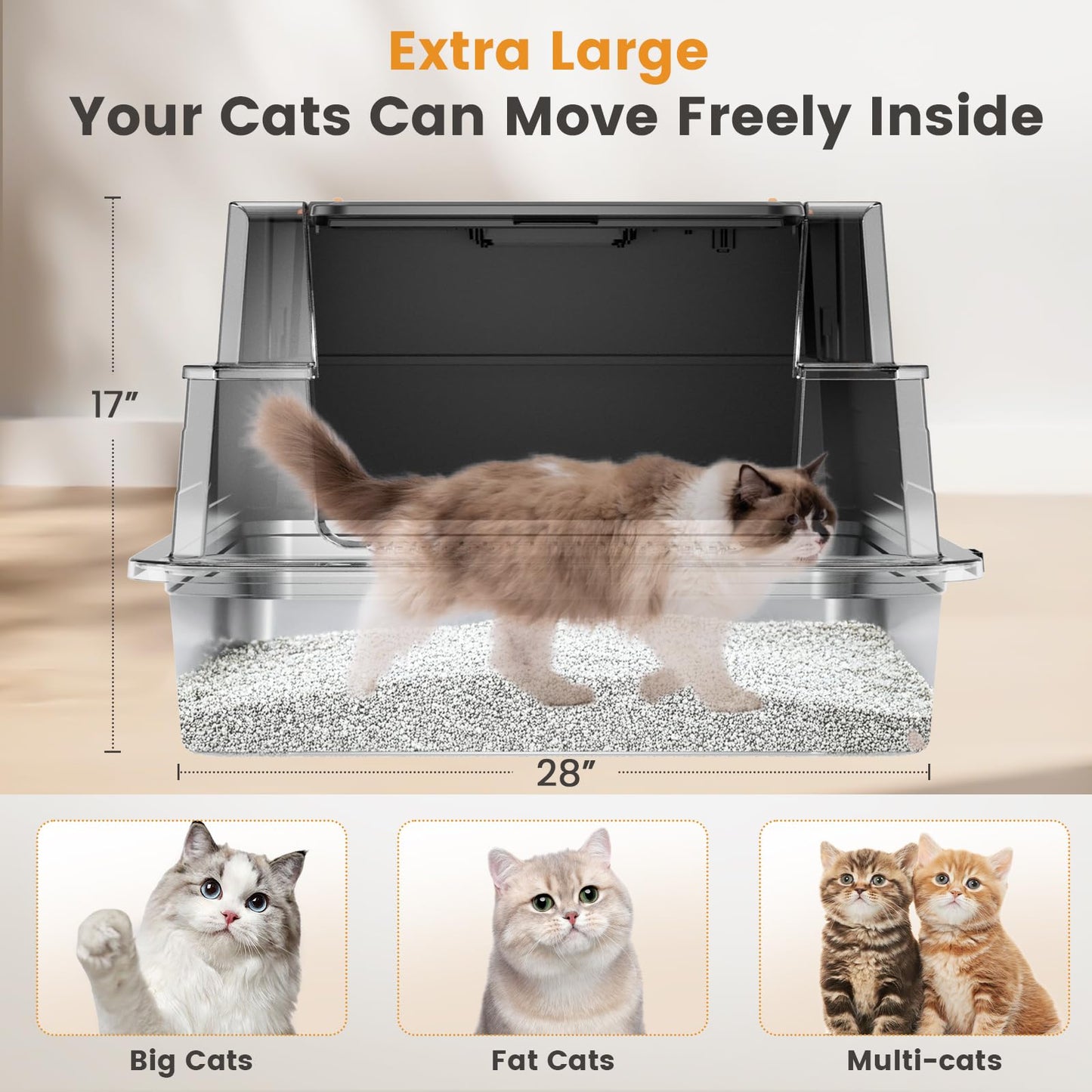 ANKJIWZ Enclosed Stainless Steel Litter Box XXXL, Extra Large 28" L x 20" W Metal Litter Box Enclosure with Cover and Foot Pedal and Scoop for Big Cats & Multiple Cats with High Sided, Easy Cleaning