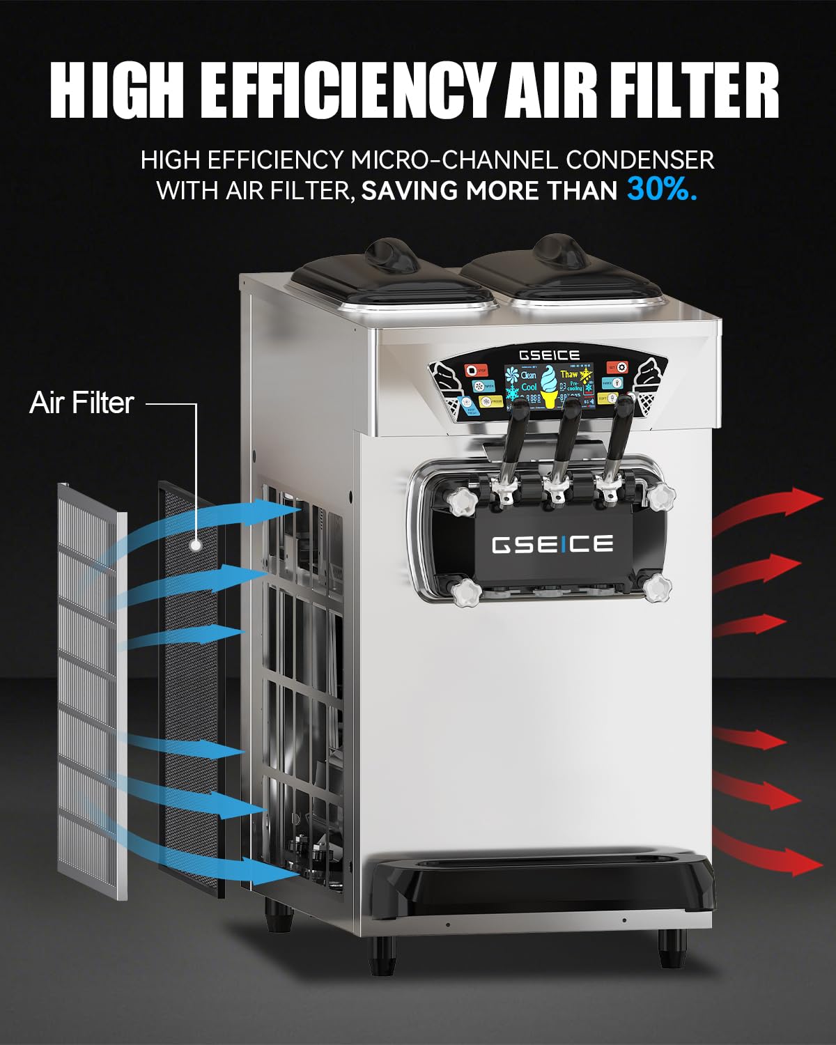 GSEICE Commercial Ice Cream Machine, 5.8–7.4 Gal/H, 2+1 Flavors Soft Serve Ice Cream Maker, 2 x 8L Hoppers Pre-Cooling LCD Display for Restaurant Countertop Snack,Ultra-Slim Silver