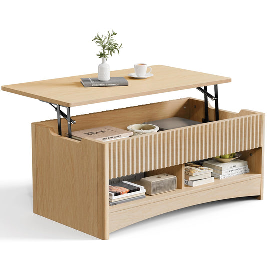 Amada Coffee Table Fluted Lift Top, 35.2" Wood Table with Storage Shelf & Hidden Compartment, Modern Rectangle Center Table for Living Room, Sturdy & Multi-Functional, Holds Up to 220LBS, Natural Oak