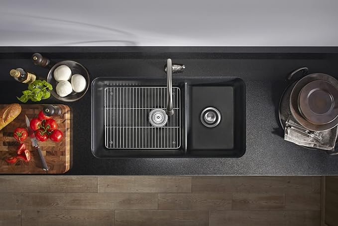 KOHLER K-8204-CM1 Cairn Sink, 33" Neoroc Composite Undermount Double-Bowl Kitchen Sink, Composite Kitchen Sink with Sink Rack, Matte Black