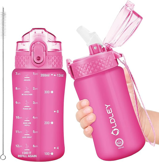 OLDLEY Kids Water Bottle for School, 12 oz (Straw Lid) BPA-Free Reusable Leak-proof Durable Tritan Plastic Water Bottles with One-handed Opening Straw Lids, Anti-dust Spout Cover (Rose red)