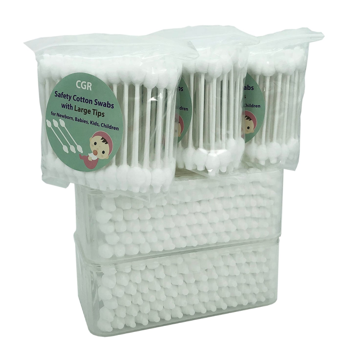 400pcs CGR Baby Safety Cotton Swabs with Large Tips for Newborn, Babies, Kids, Children, 100% Organic Cotton, White Paper Sticks, 5 Pack of 80 Swabs Total(2 Boxes and 3 Bags)