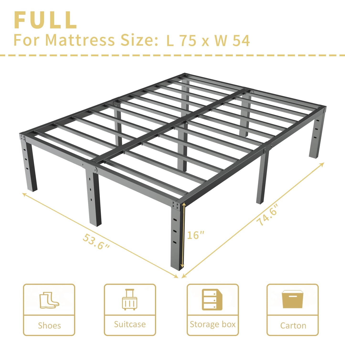 ALDRICH Metal Full Size Bed Frame - 16 Inch Tall Black Basic Steel Slats Platform, Easy Assembly Heavy Duty Noise Free Bedframes, No Box Spring Needed