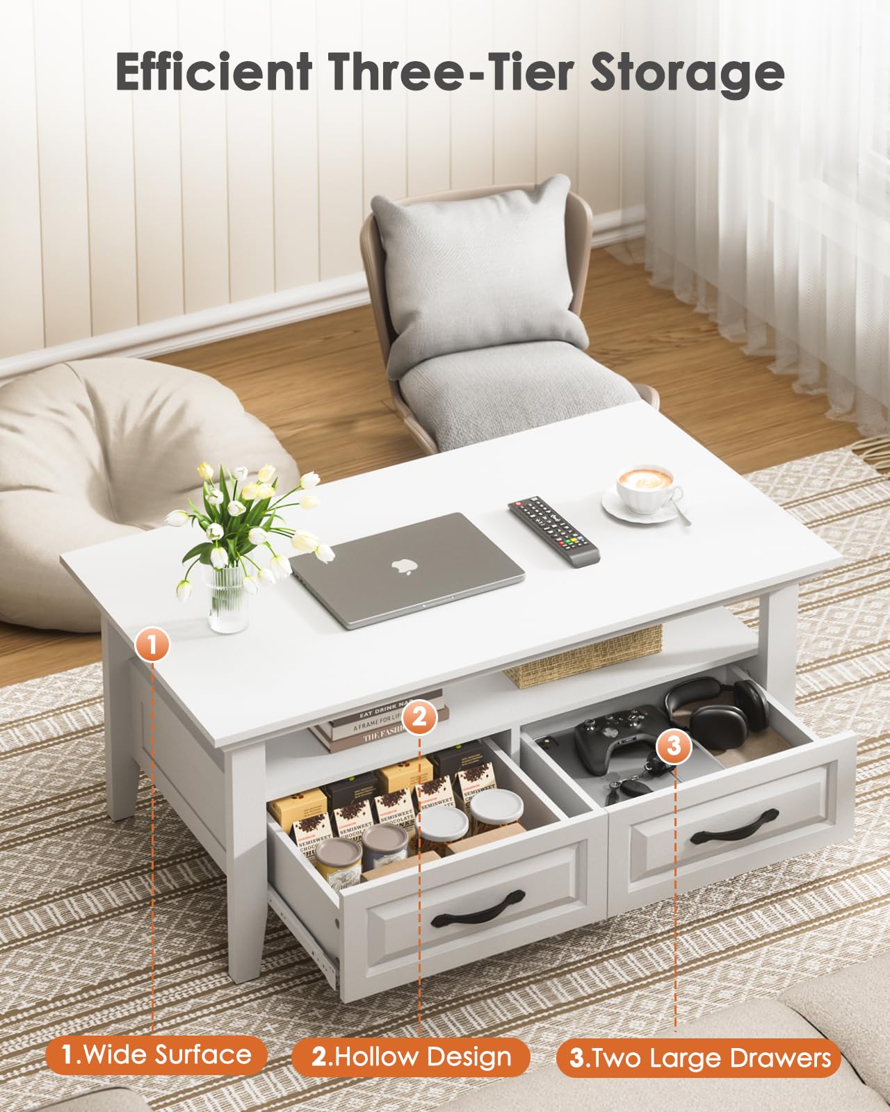 Amada White Coffee Table for Living Room, 39.4" Farmhouse Wood Coffee Table with Storage, Featuring Open Display Shelf, Hidden Drawers, Robotic Vacuum-Friendly, Ideal for Home Office, White